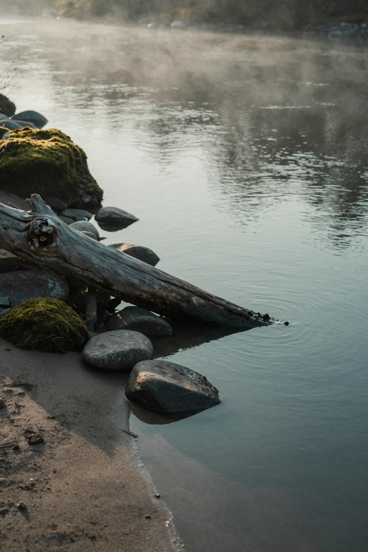 Weathered driftwood and moss-covered stones at the misty edge of a slow river.